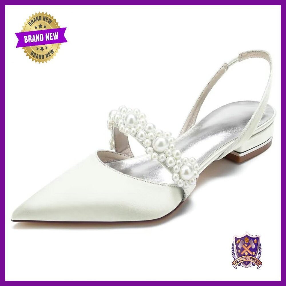 Satin Pearl Wedding Flats Pointed Toe Slingback Women's Formal Shoes